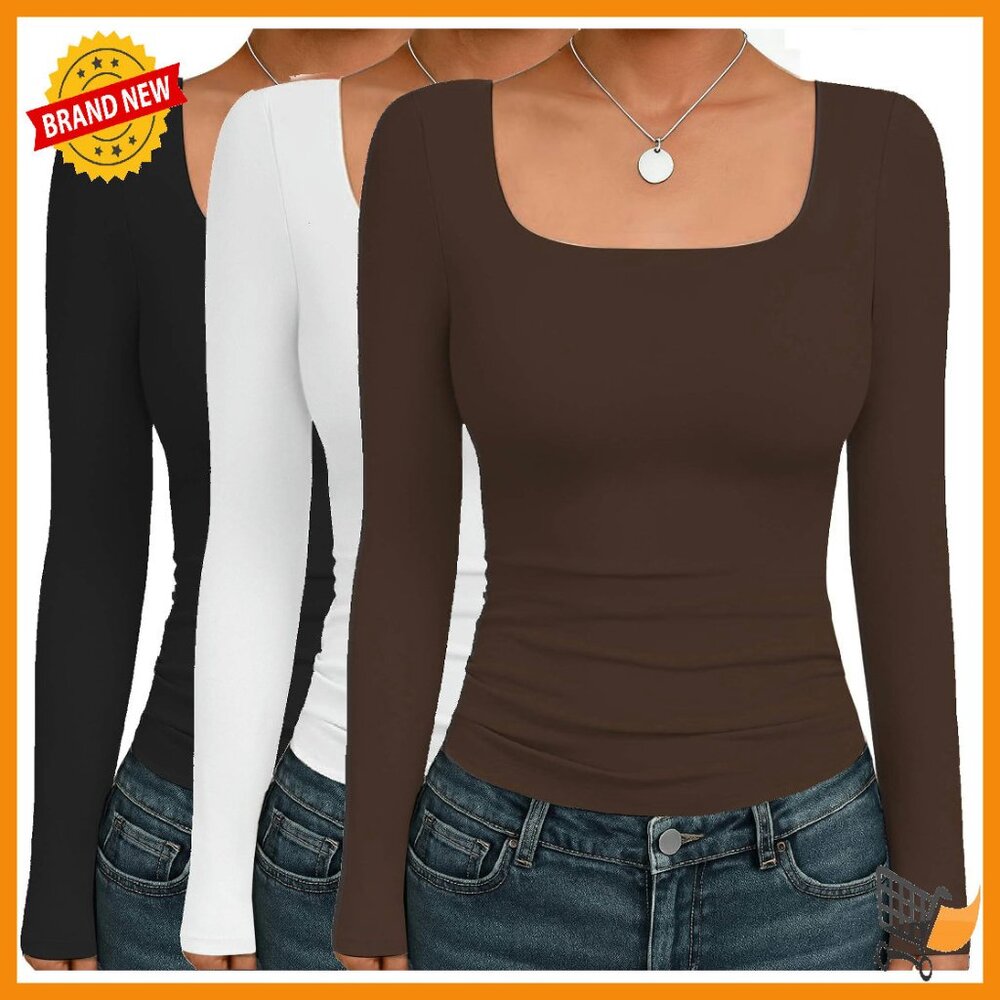3 Pack Long Sleeve Thermal Tops Square Neck Fitted Tees Xs-Xxl